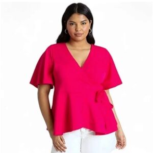 Eloquii Flutter Sleeve Peplum Wrap Top Women’s 16 Pink Barbie V-Neck